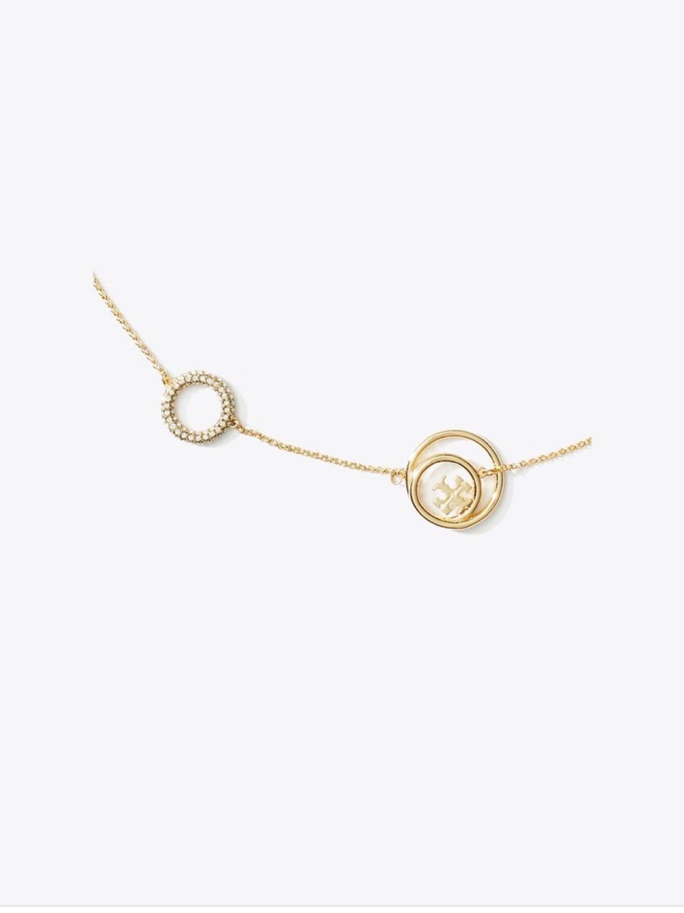 Tory Burch Miller T Gold Double-Circle Pendant Necklace with Crystal Rings - Picture 4 of 5